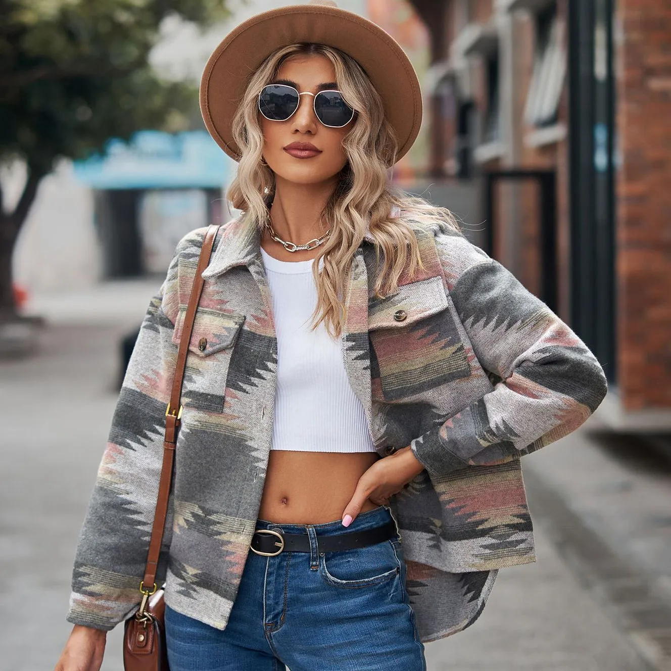 Geometric Pattern Short Loose Lapel Pocket Button Women's Woolen Coat Women