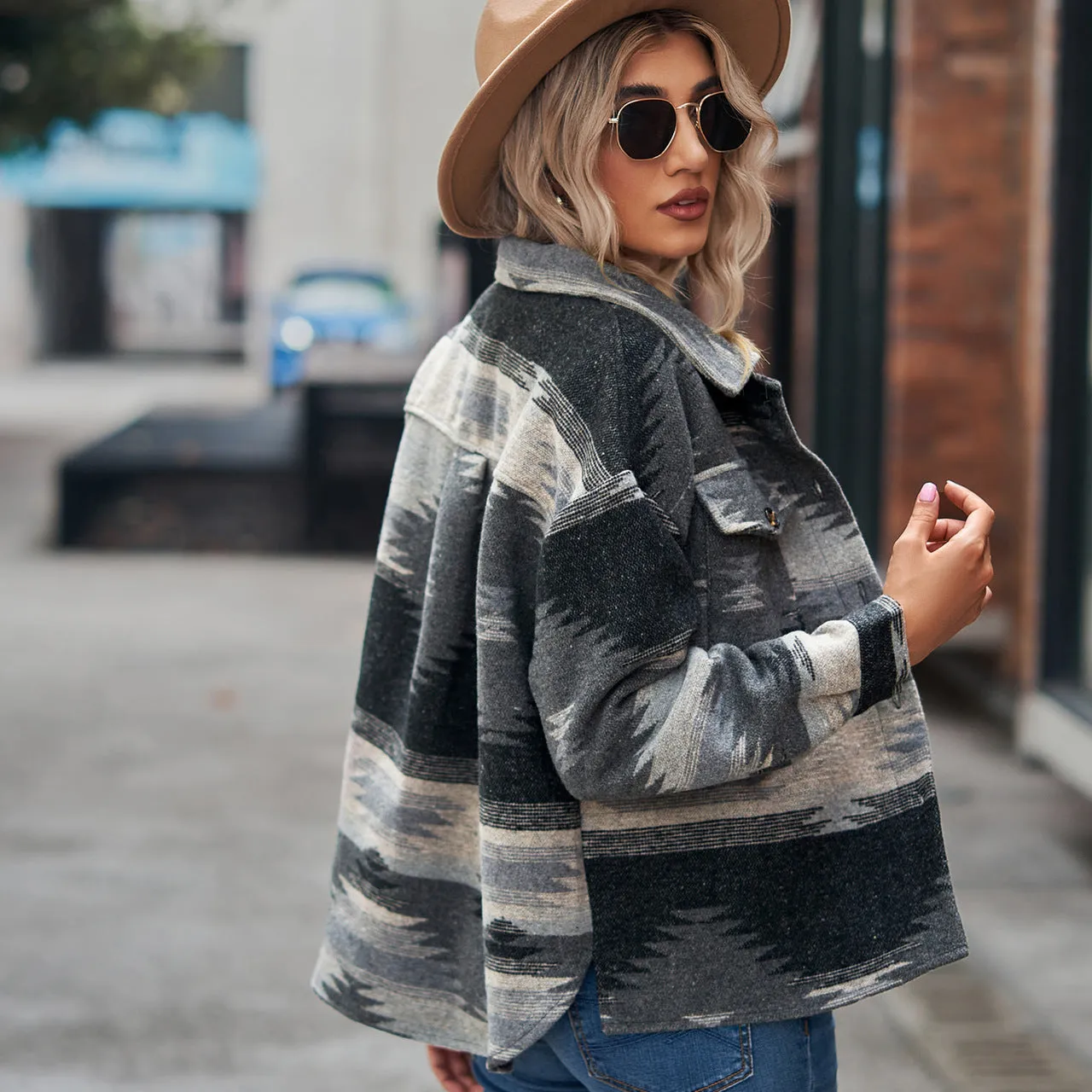 Geometric Pattern Short Loose Lapel Pocket Button Women's Woolen Coat Women