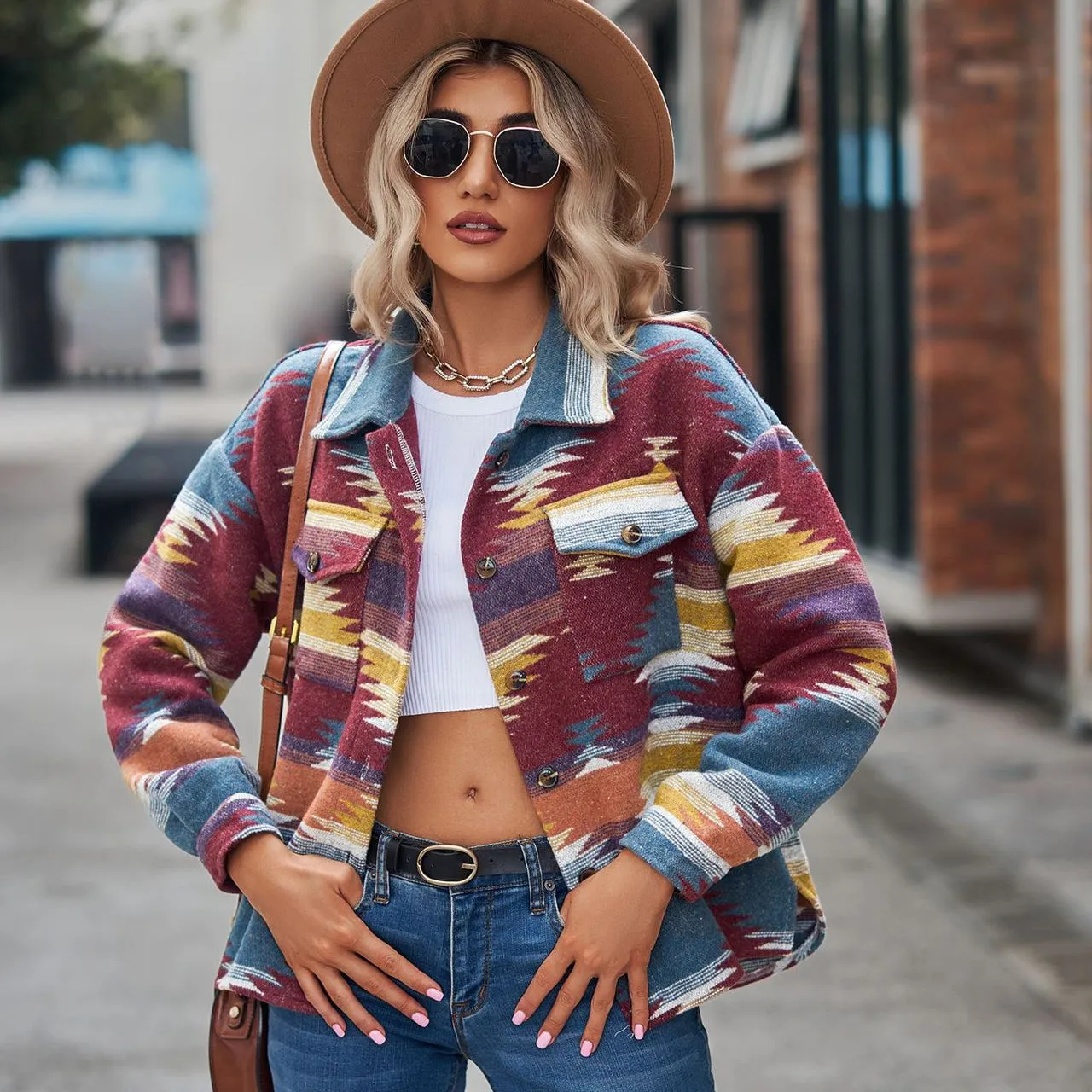 Geometric Pattern Short Loose Lapel Pocket Button Women's Woolen Coat Women