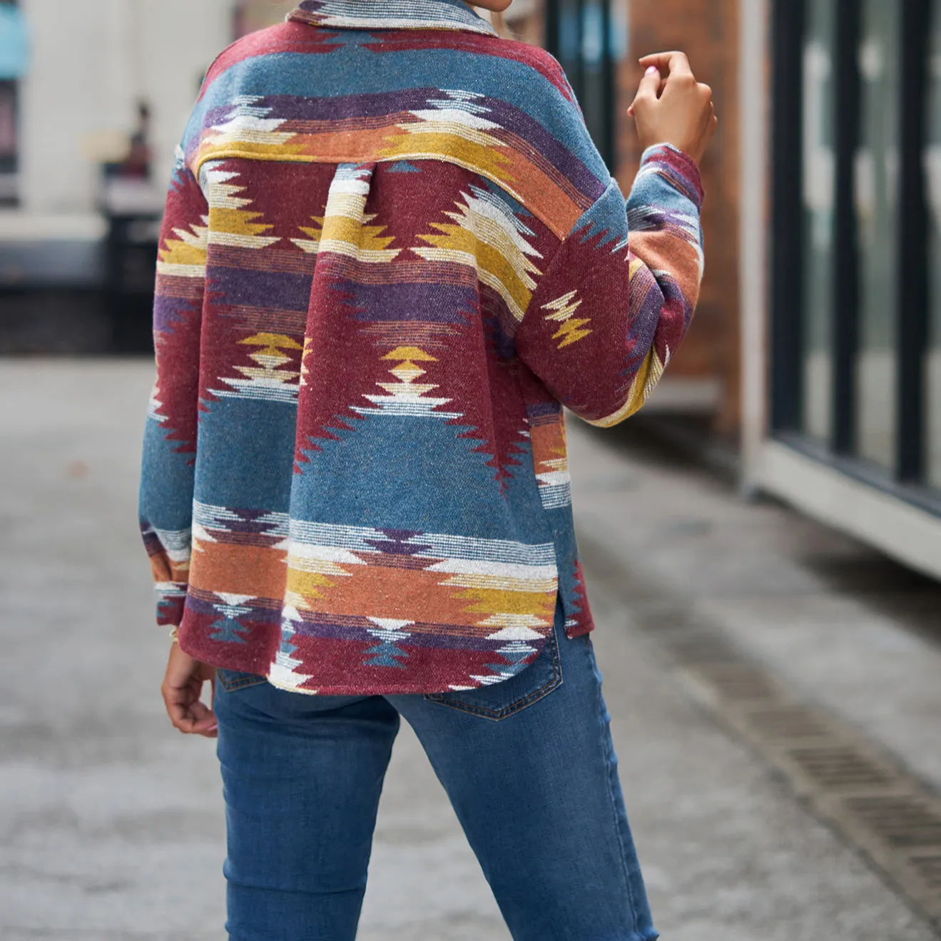 Geometric Pattern Short Loose Lapel Pocket Button Women's Woolen Coat Women
