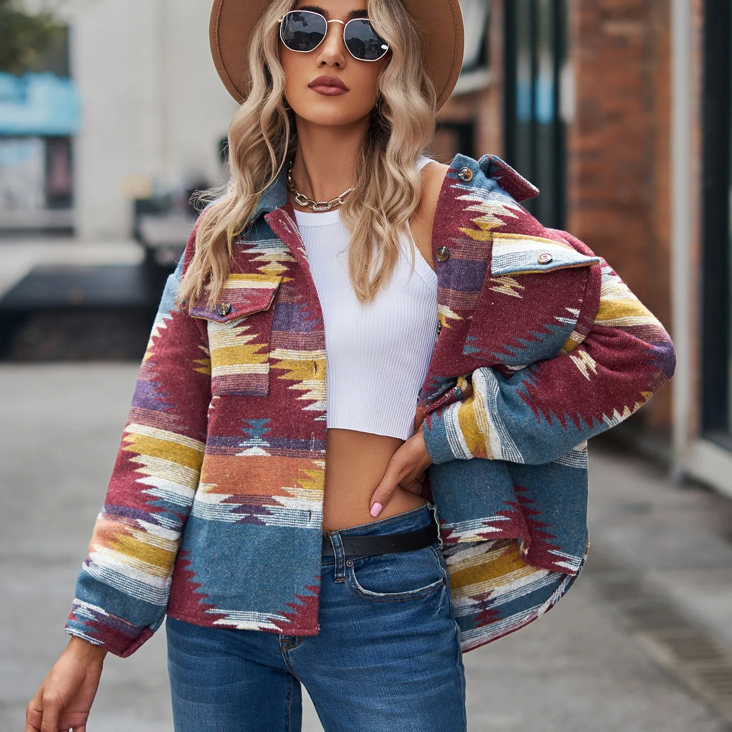 Geometric Pattern Short Loose Lapel Pocket Button Women's Woolen Coat Women