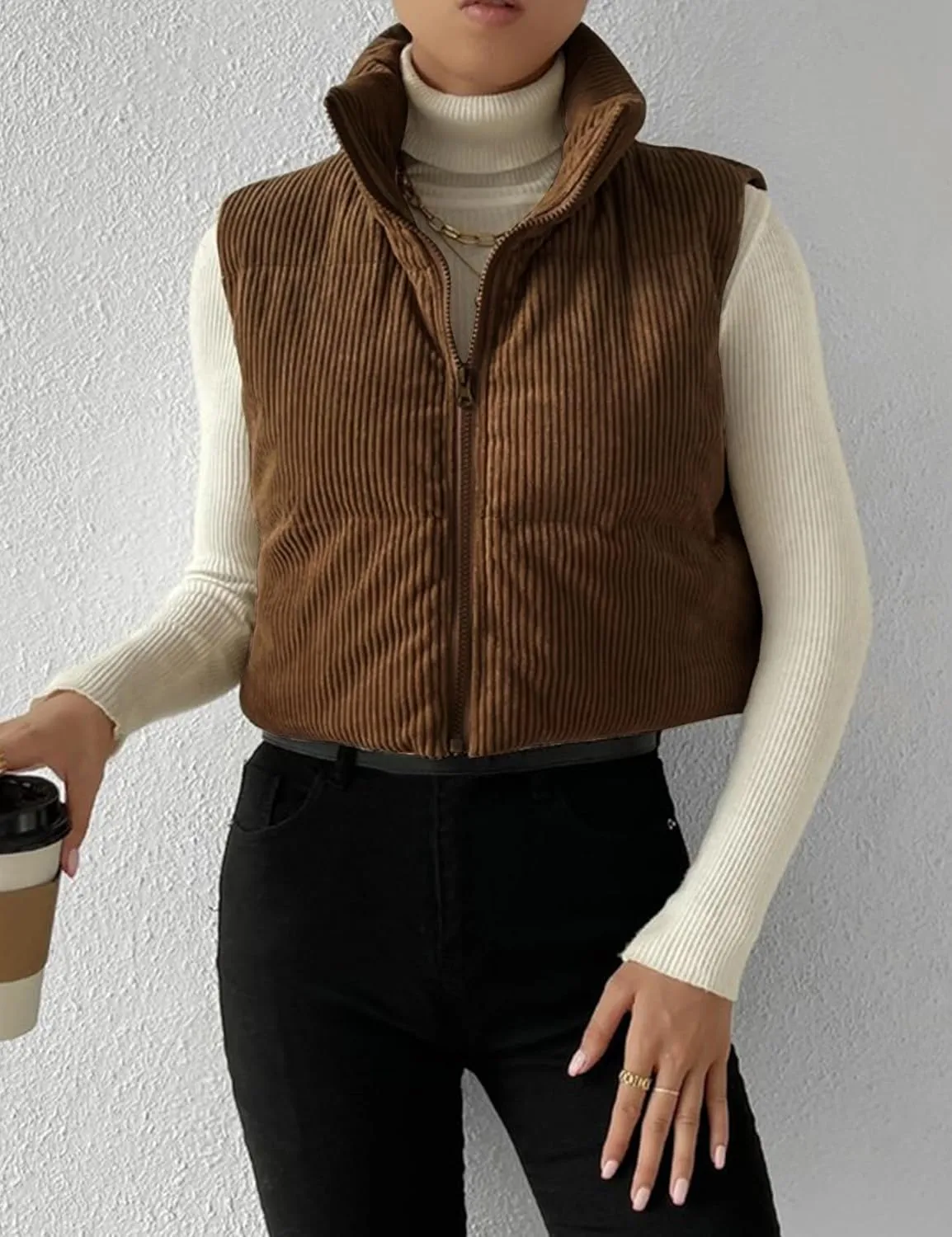Gihuo Women's Corduroy Puffer Vest Cropped Stand Collar Zip Up Vest Quilted Sleeveless Jackets Gilet