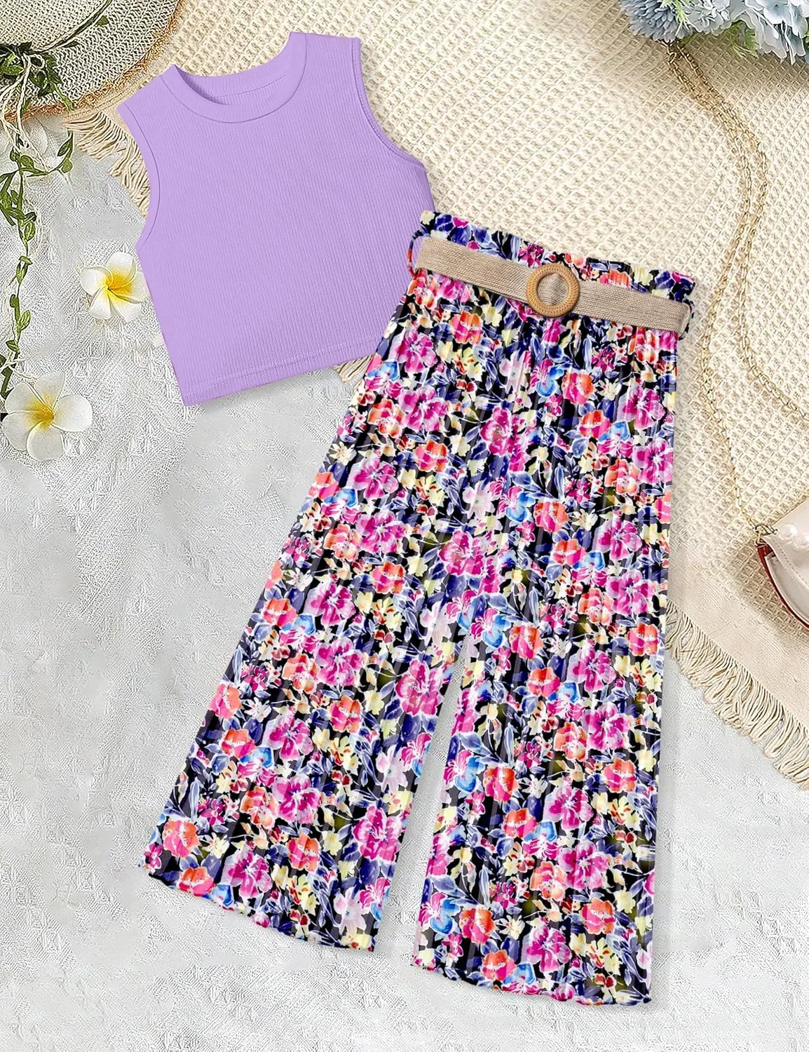 Girls Clothes 6-16Y Kids Clothes Girls Rib Crop Tank Tops   Pleated Wide Leg Pants Girls 2 Piece Summer Outfits
