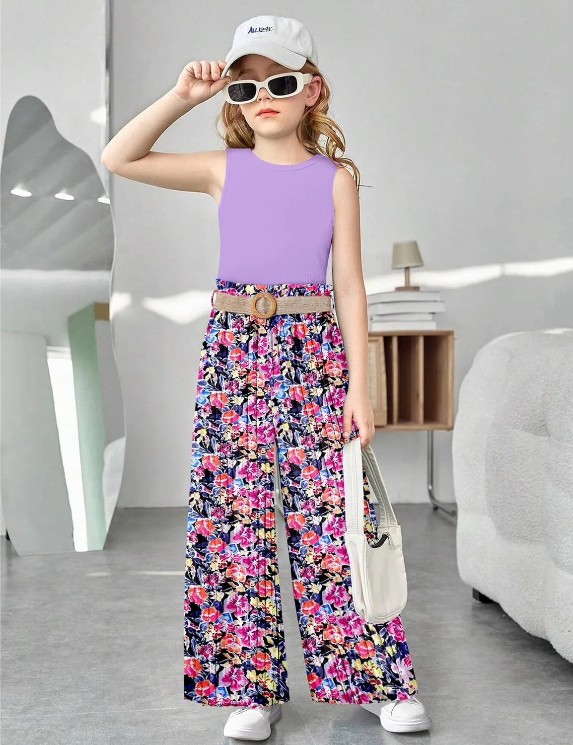 Girls Clothes 6-16Y Kids Clothes Girls Rib Crop Tank Tops   Pleated Wide Leg Pants Girls 2 Piece Summer Outfits