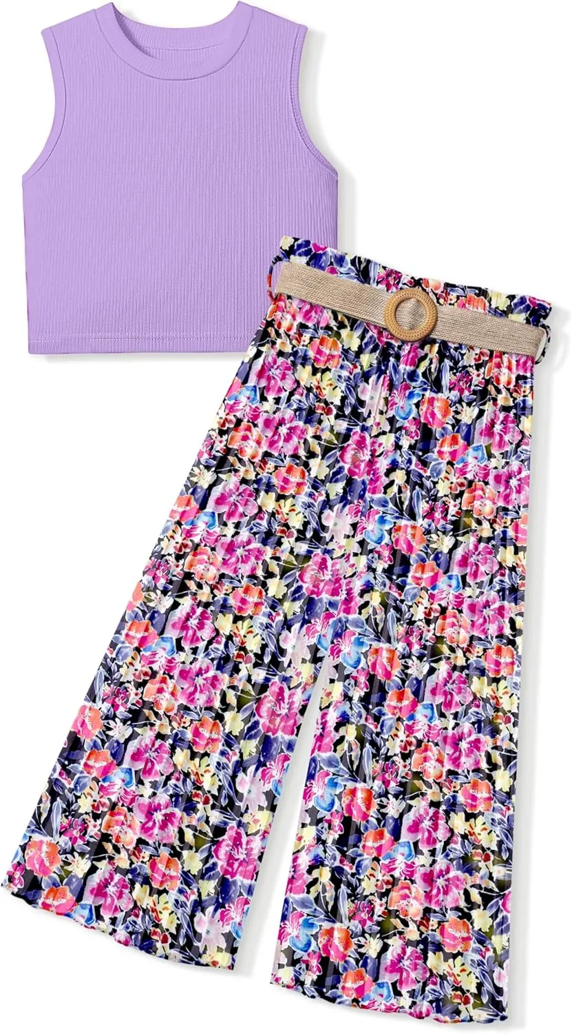 Girls Clothes 6-16Y Kids Clothes Girls Rib Crop Tank Tops   Pleated Wide Leg Pants Girls 2 Piece Summer Outfits