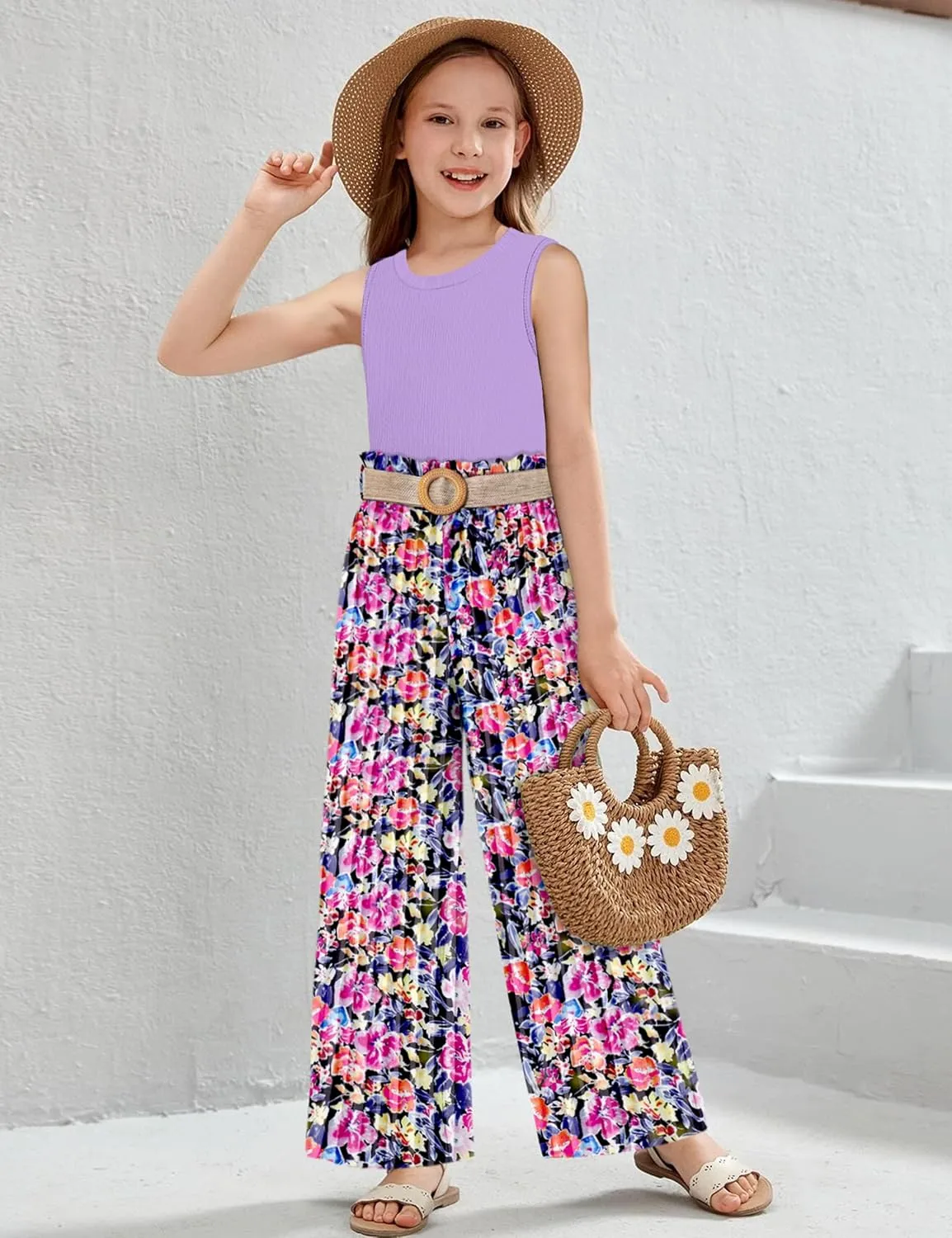 Girls Clothes 6-16Y Kids Clothes Girls Rib Crop Tank Tops   Pleated Wide Leg Pants Girls 2 Piece Summer Outfits