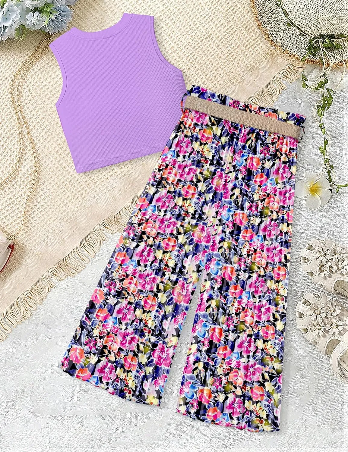 Girls Clothes 6-16Y Kids Clothes Girls Rib Crop Tank Tops   Pleated Wide Leg Pants Girls 2 Piece Summer Outfits