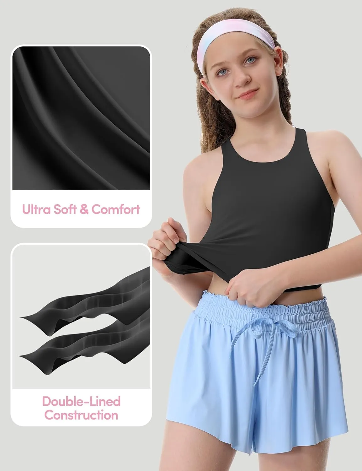 Girls Tank Tops Double Lined Crop Tops for Kids High Crew Neck Racerback Basic Sleeveless Dance Top for Girls