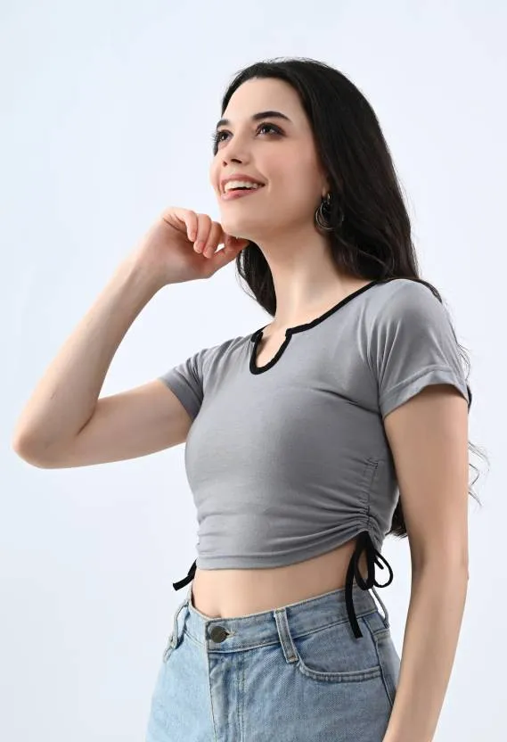 Grey Solid Round Neck Crop Top