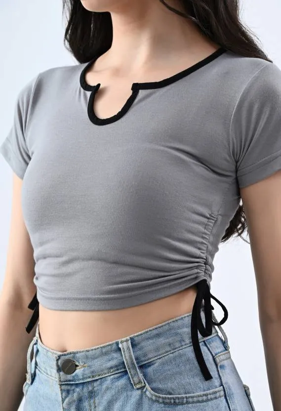 Grey Solid Round Neck Crop Top
