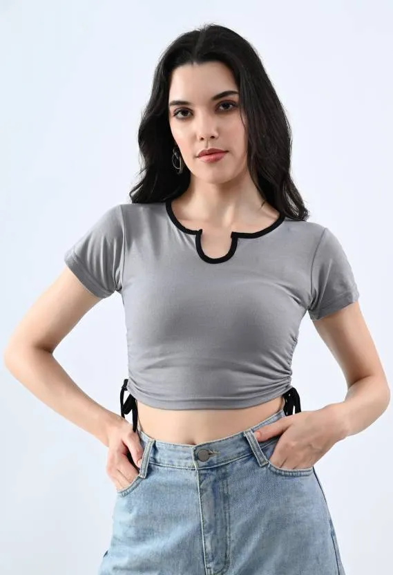 Grey Solid Round Neck Crop Top