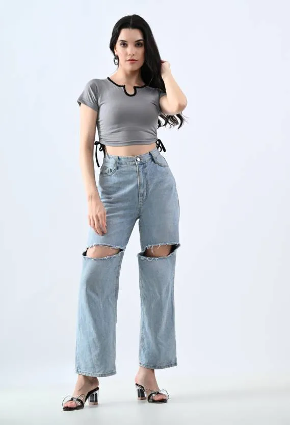 Grey Solid Round Neck Crop Top