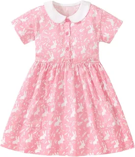 HILEELANG Toddler Girl Short Sleeve Dress Cotton Casual Spring Summer Easter Applique Playwear Dresse Size 2-8 Yeras