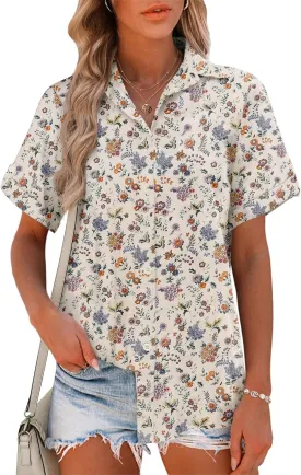 HOTOUCH Button Down Shirt Women Cotton Short Sleeve Blouses V Neck Collared Button Up Summer Beach Tops