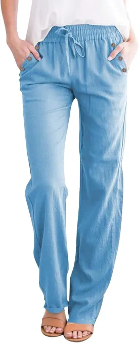 Linen Pants Women Casual Drawstring Baggy Comfy Tapered Pants Solid Color Straight Leg Trousers with Button Pockets