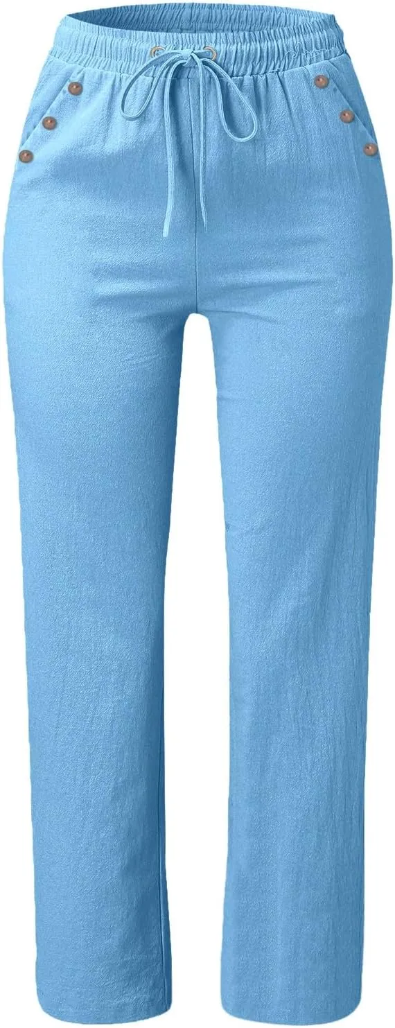 Linen Pants Women Casual Drawstring Baggy Comfy Tapered Pants Solid Color Straight Leg Trousers with Button Pockets