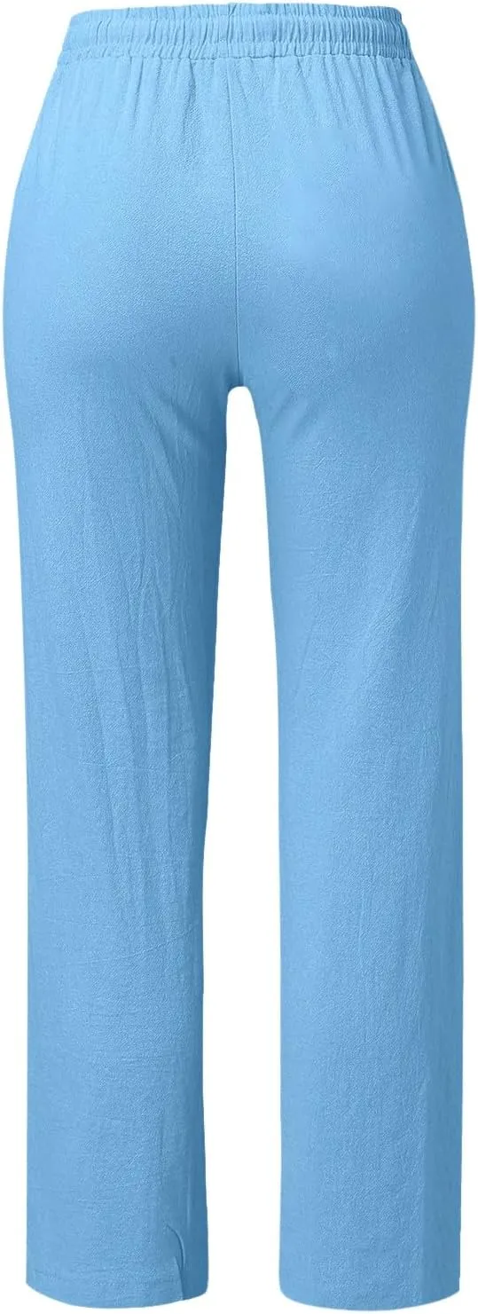 Linen Pants Women Casual Drawstring Baggy Comfy Tapered Pants Solid Color Straight Leg Trousers with Button Pockets