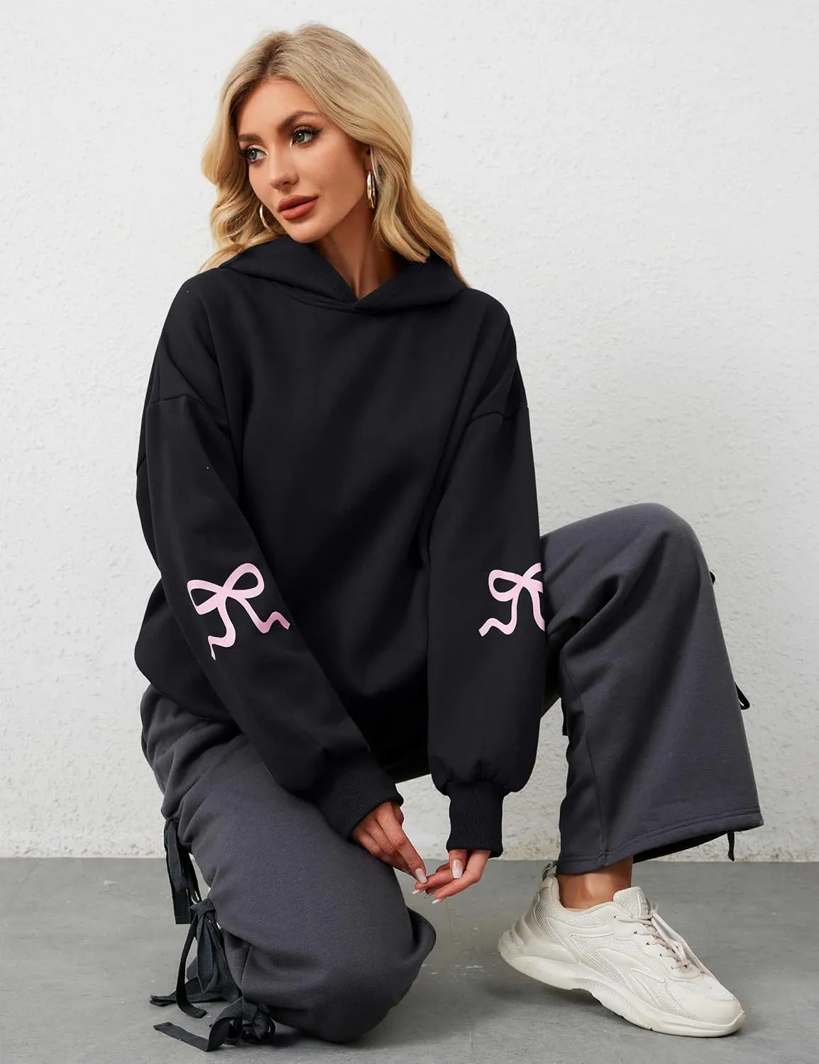 Livtany Women's Bow Trim Print Fleeced Hoodies Oversized Long Sleeve Hooded Sweatshirts Graphic Drop Shoulder Pullover Top