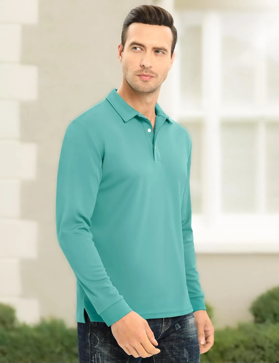 MAGCOMSEN Men's Polo Shirt Long Sleeve Golf Shirts Quick Dry Lightweight 3-Button Performance Work Fishing Athletic
