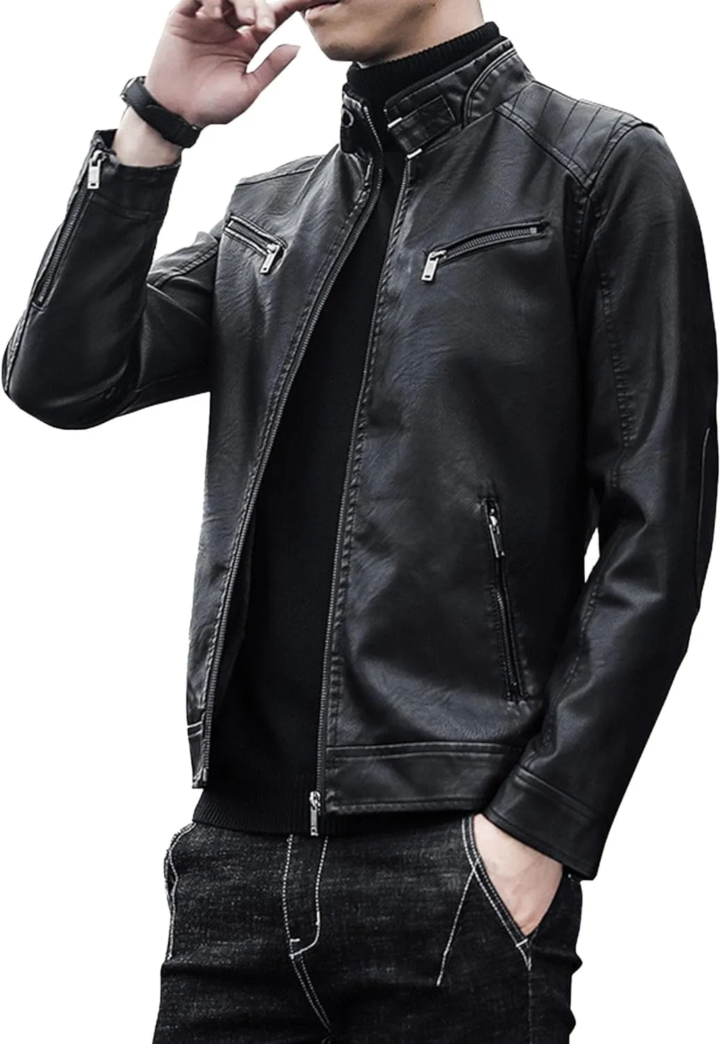 Maiyifu-GJ Men's Leather Jackets Windbreaker Lightweight Faux Leather Motorcycle Jacket Slim Fit Zipper Biker Coat Outerwear (Black 2,Large)