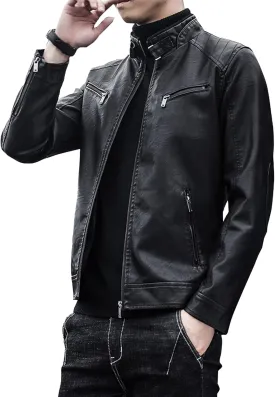 Maiyifu-GJ Men's Leather Jackets Windbreaker Lightweight Faux Leather Motorcycle Jacket Slim Fit Zipper Biker Coat Outerwear (Black 2,Large)