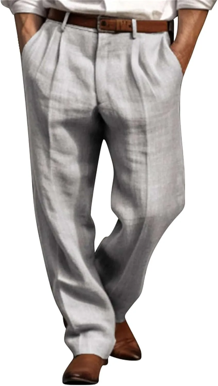 Mens Dress Pants Relaxed Fit Casual Cotton Linen Pleated Front Work Suit Pants Straight Leg Slacks Comfort Trousers