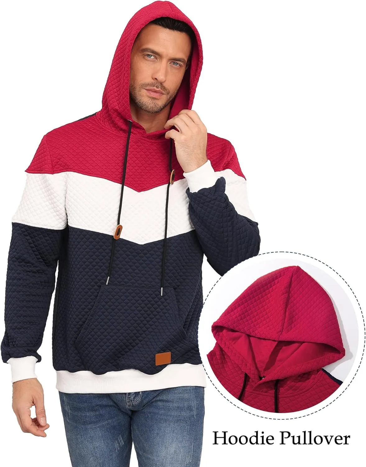 Men's Hoodies Sweatshirt with Kangaroo Pocket Novelty Color Block Pullover Hoodies Long Sleeve Hooded Drawstring