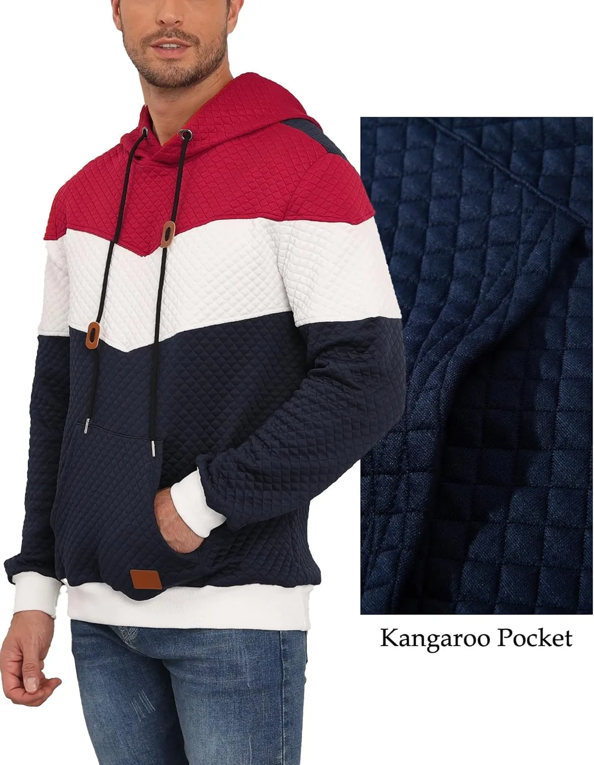 Men's Hoodies Sweatshirt with Kangaroo Pocket Novelty Color Block Pullover Hoodies Long Sleeve Hooded Drawstring