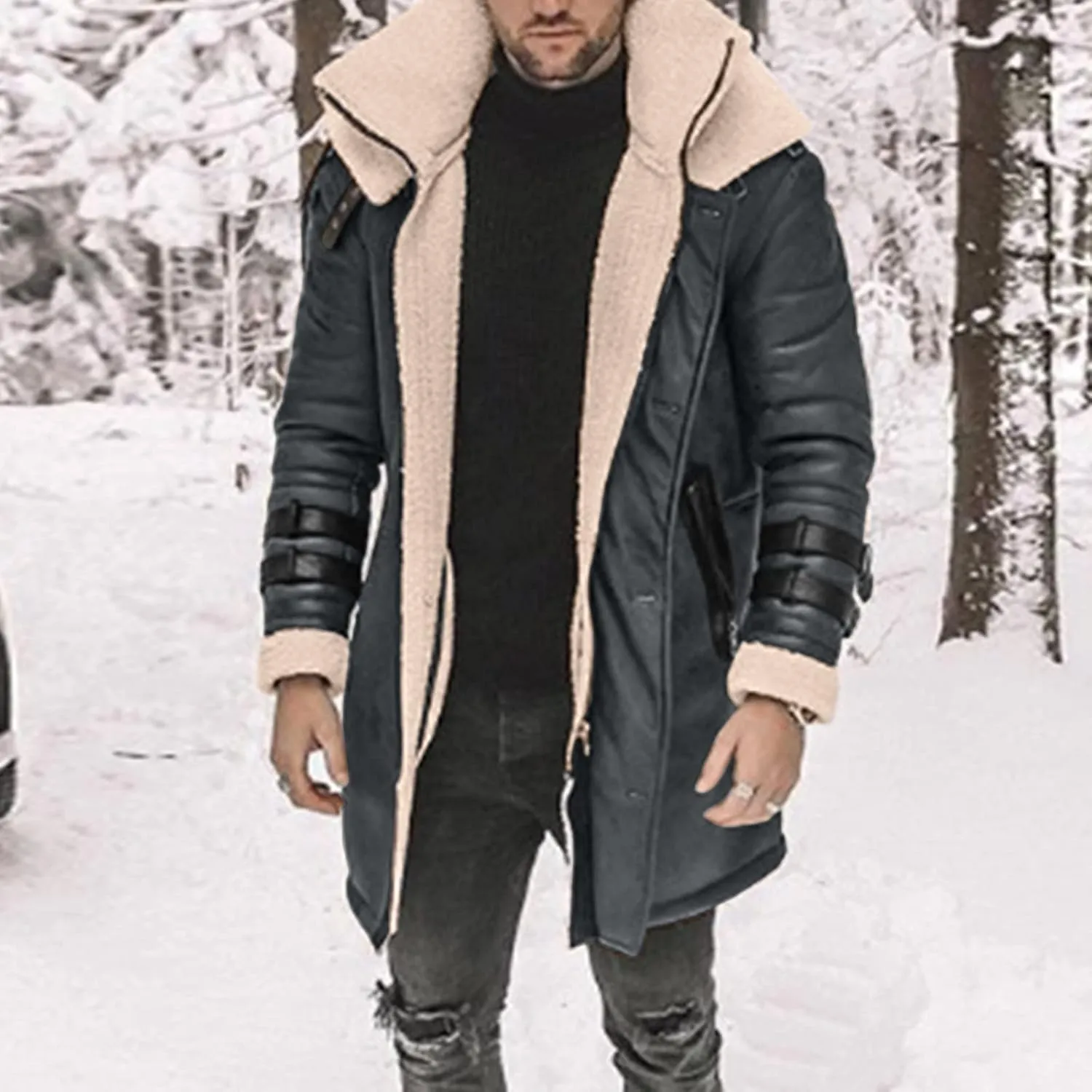 Mens Jacket Winter Fleece Lined Casual Lapel Jacket Coats Thick Thermal Zipper Jackets Outerwear with Multi Pockets