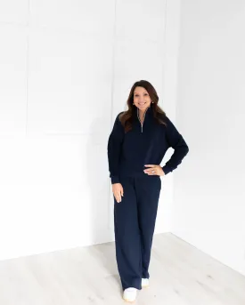 Navy 1/4 Zip Fleece Pullover with Wide Leg Pant Sweat-set