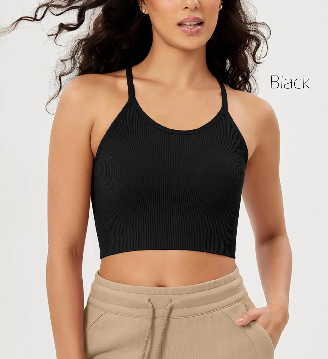 ODODOS Women's Crop 3-Pack Seamless Rib-Knit Camisole Crop Tank Tops