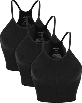 ODODOS Women's Crop 3-Pack Seamless Rib-Knit Camisole Crop Tank Tops
