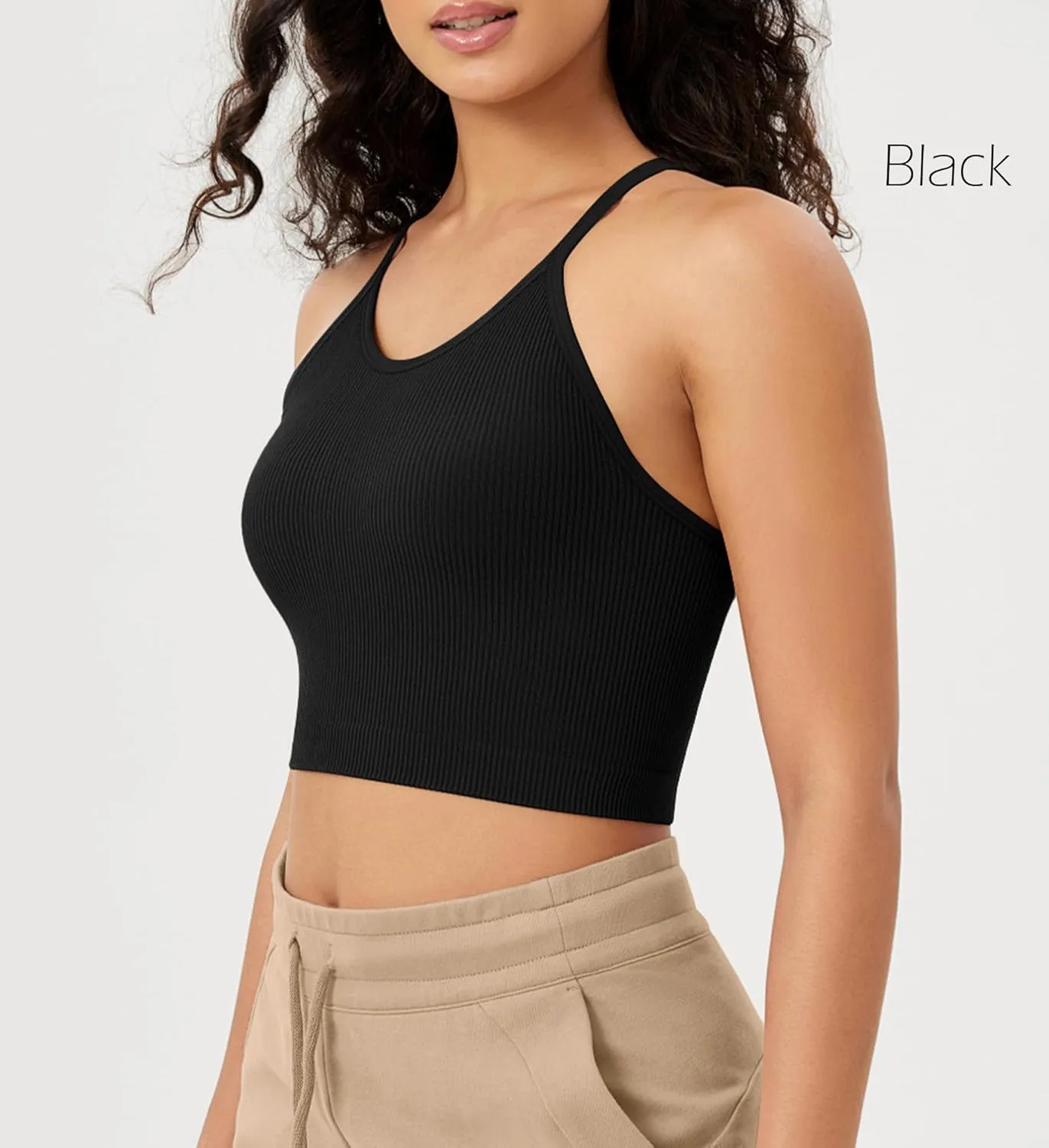 ODODOS Women's Crop 3-Pack Seamless Rib-Knit Camisole Crop Tank Tops