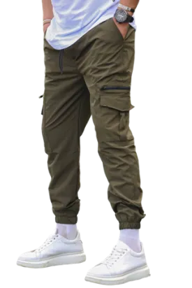 Olive Men's Cargo Elastic Bottom Jogger 2 Pockets With Zipper Slim Fit