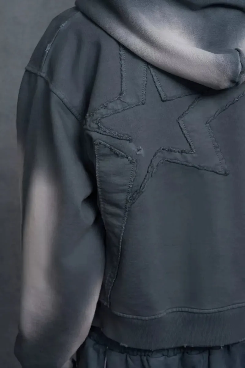 P-Star Shrunken Fit Zip Up Hoodie Appliqué Grey