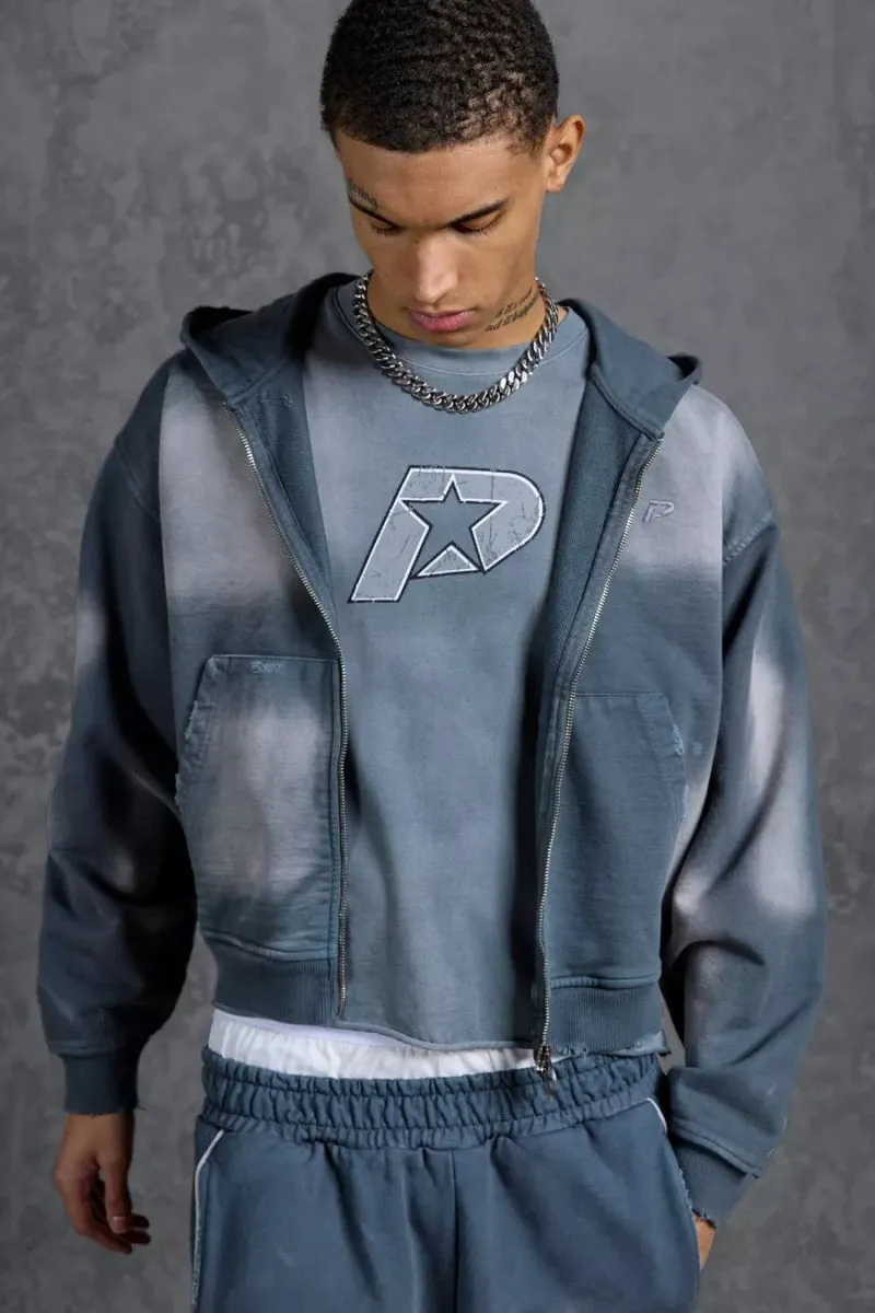 P-Star Shrunken Fit Zip Up Hoodie Appliqué Grey