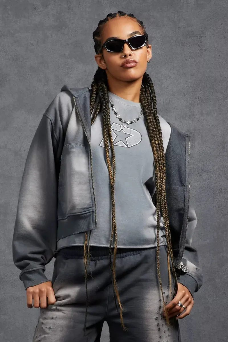 P-Star Shrunken Fit Zip Up Hoodie Appliqué Grey