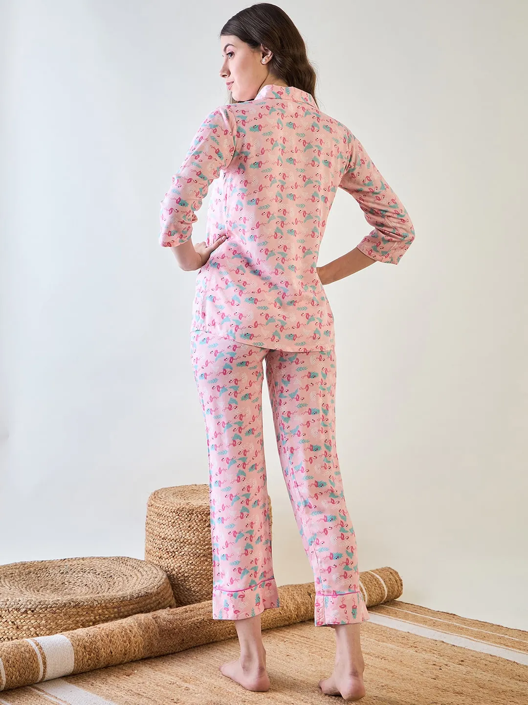 Pink Flamingo Printed Cotton Pyjama Set