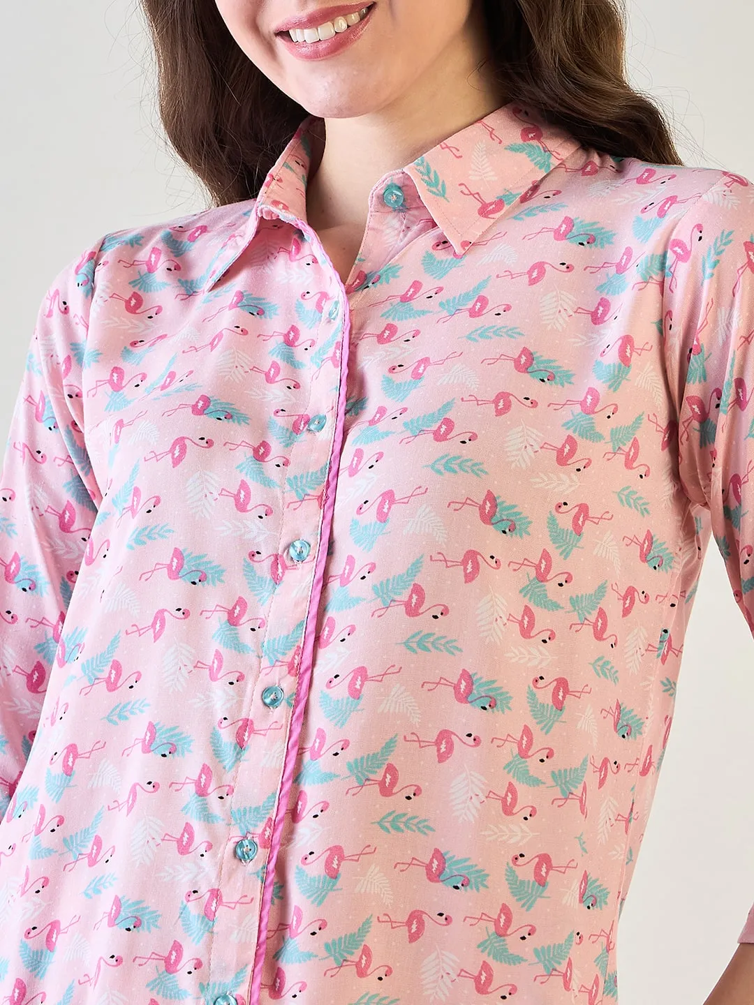 Pink Flamingo Printed Cotton Pyjama Set