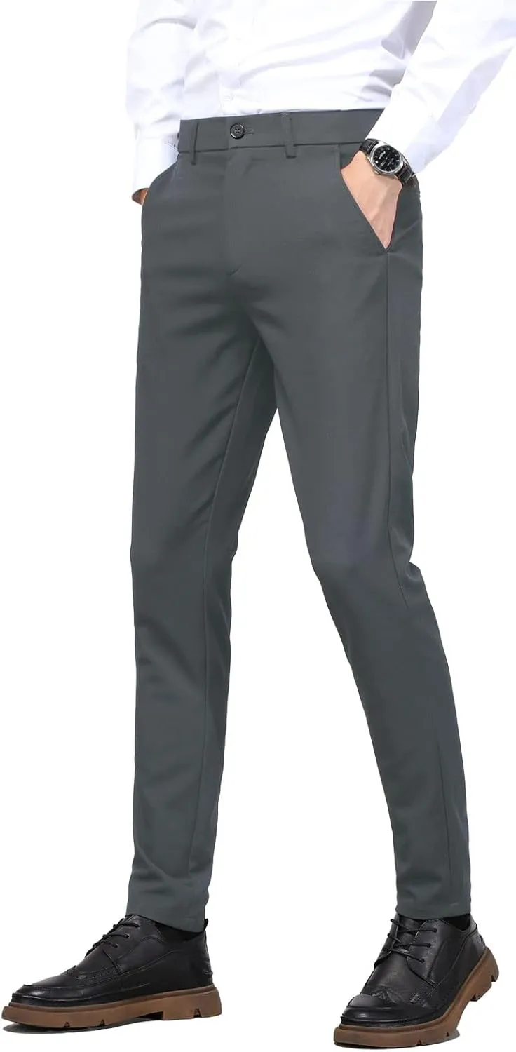 Plaid&Plain Men's 4-Way Flex Stretch Slim Fit Dress Pants