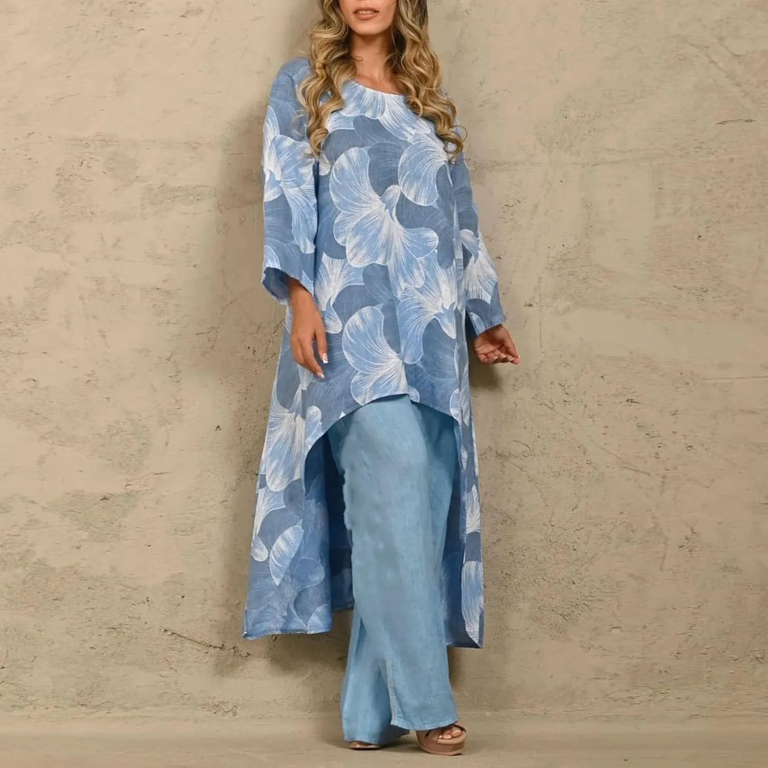 PTOLOCIF Womens Cotton Linen 2 Piece Outfits Casual Loose Fit Long Sleeve Tunic Shirt and Pants Plus Size Irregular Sweatsuit
