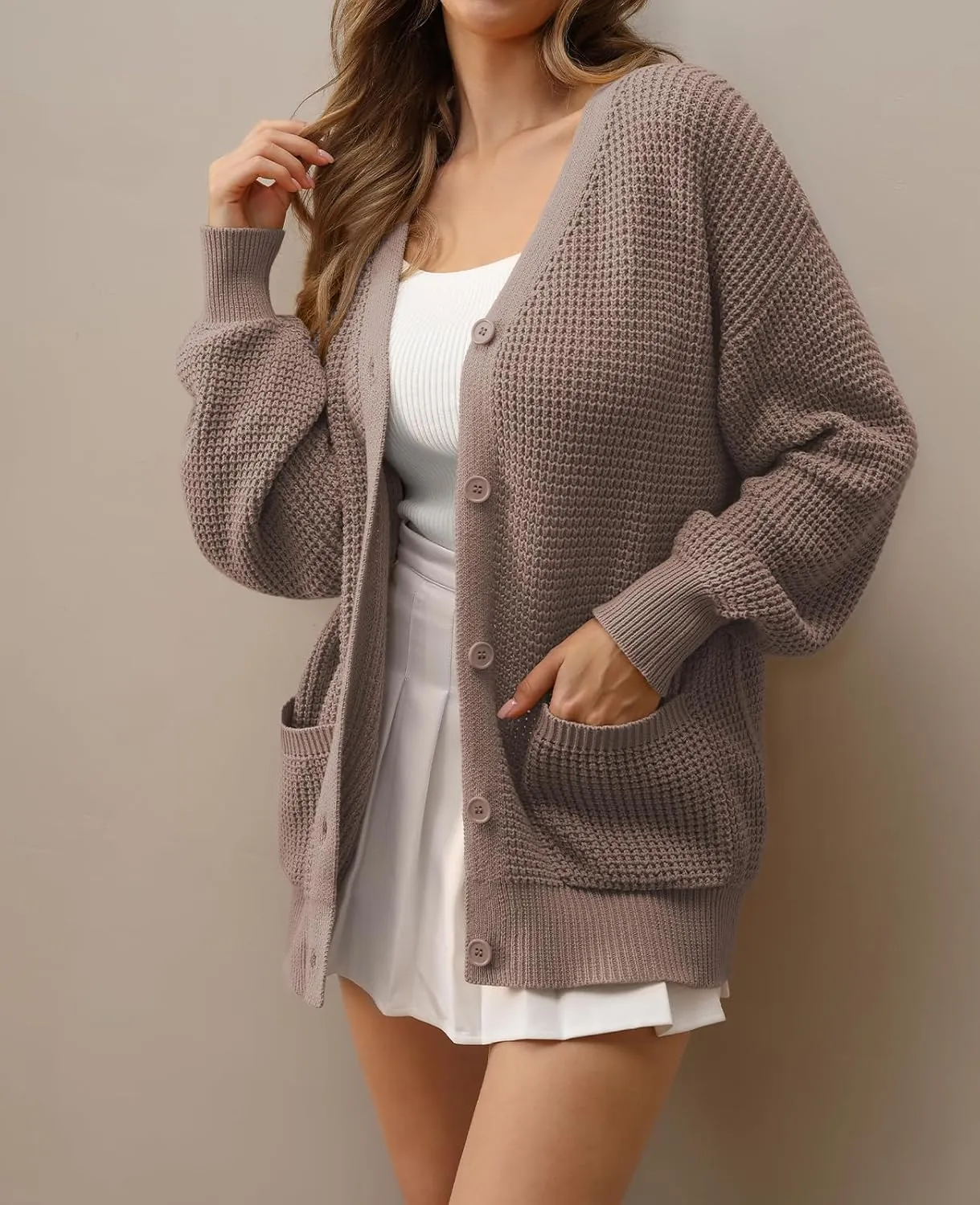 QUALFORT Women's Cardigan Sweater 100% Cotton Button-Down Long Sleeve Oversized Knit Cardigans with Pockets