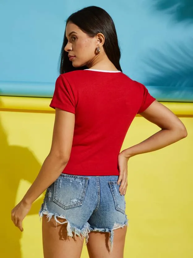 Red Solid Scoop Neck Crop Top