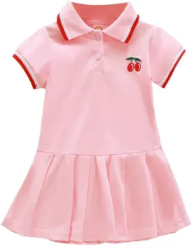 Toddler Baby Girls Polo Dress Cherry Embroidered Short Sleeve Pleated Tennis Dress A-Line Playwear Sundress