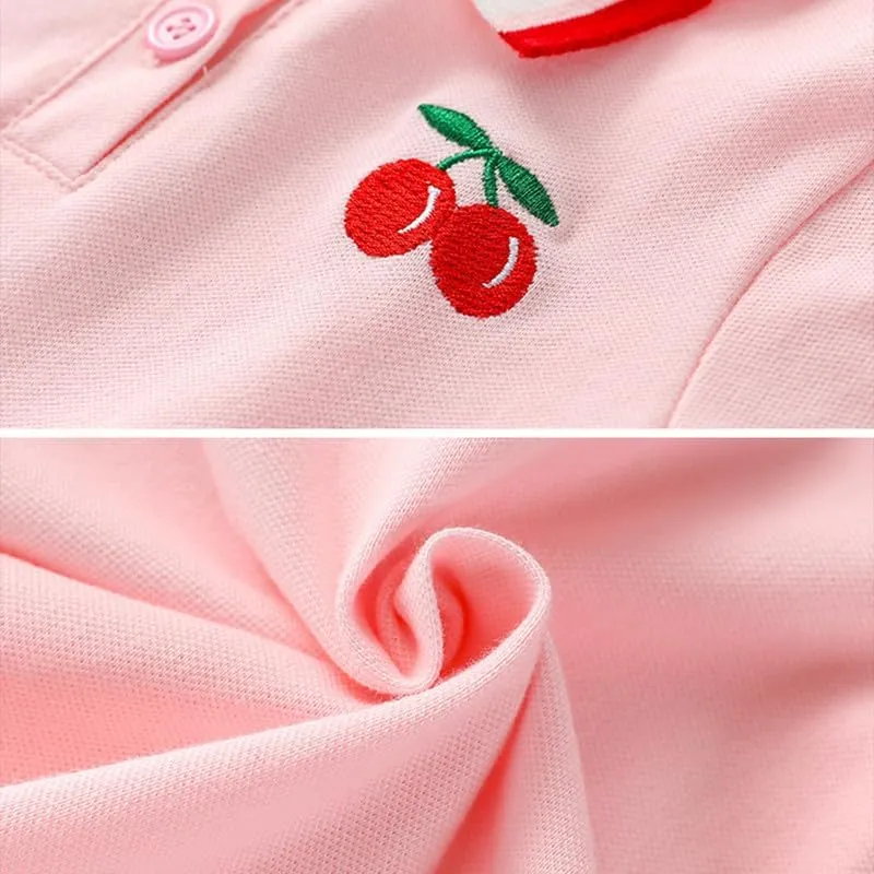 Toddler Baby Girls Polo Dress Cherry Embroidered Short Sleeve Pleated Tennis Dress A-Line Playwear Sundress