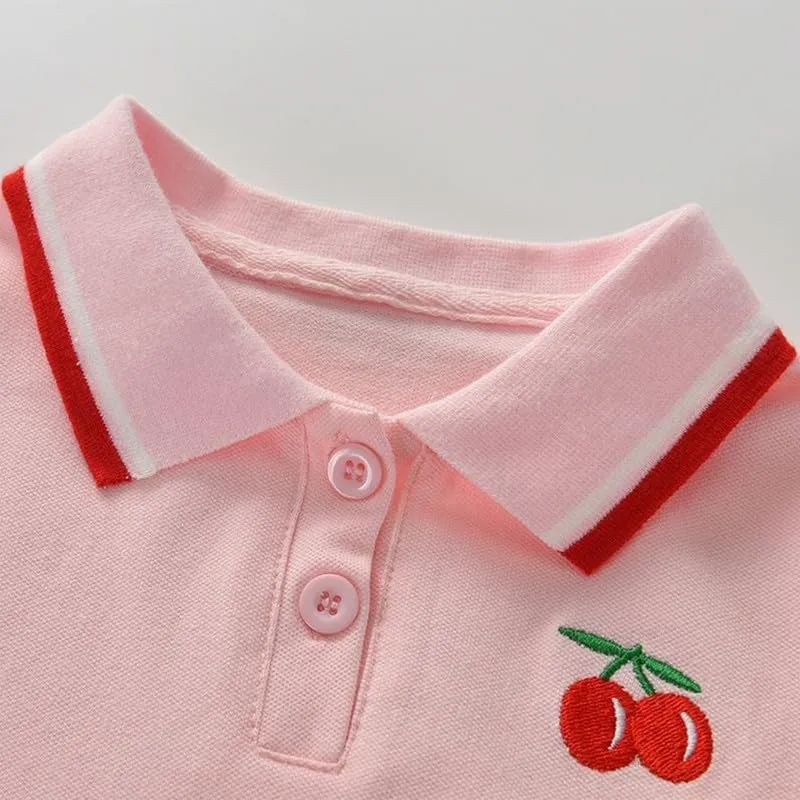 Toddler Baby Girls Polo Dress Cherry Embroidered Short Sleeve Pleated Tennis Dress A-Line Playwear Sundress