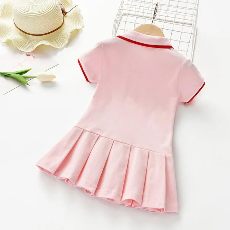 Toddler Baby Girls Polo Dress Cherry Embroidered Short Sleeve Pleated Tennis Dress A-Line Playwear Sundress