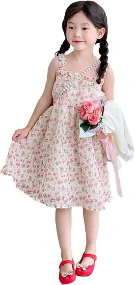 Toddler Girls Summer Dress Halter Spaghetti Strap Floral Print Chiffon Sundress Size 1-6T