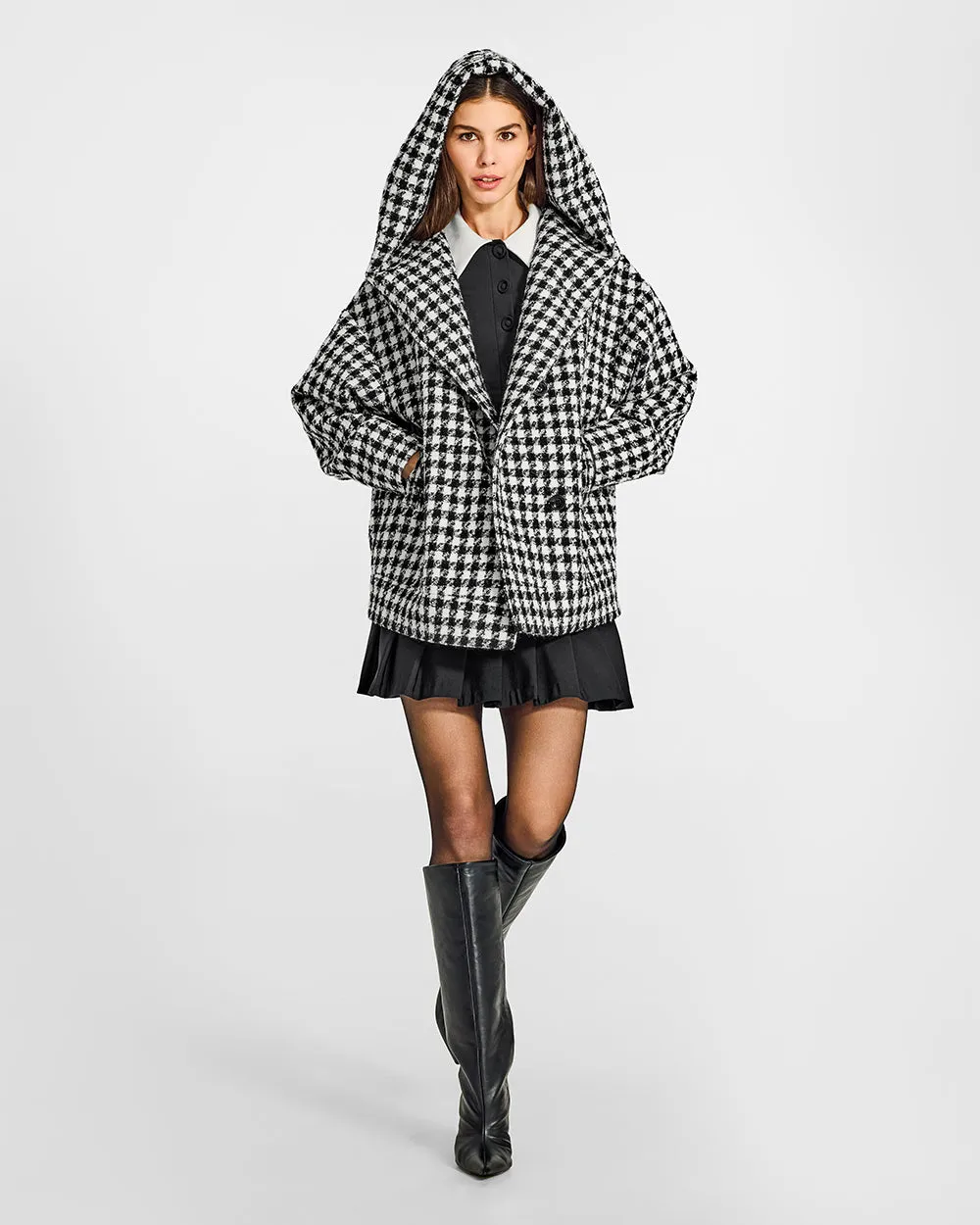 Tweed Houndstooth Suri Alpaca Oversized Hooded Jacket