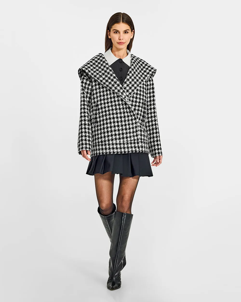 Tweed Houndstooth Suri Alpaca Oversized Hooded Jacket